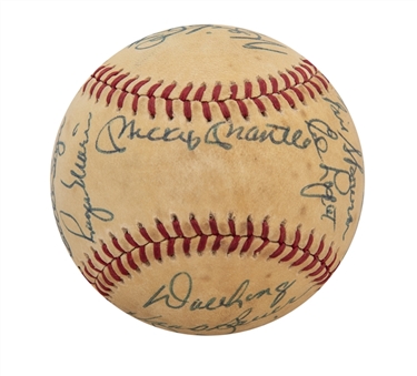 1940s-1960s New York Yankees Legends Multi Signed Old Timers/Reunion Baseball With 24 Signatures Including Mantle, Berra, Ford & Maris (JSA)